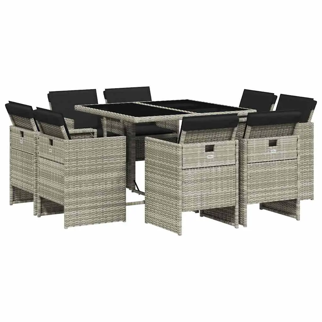 9 Piece Garden Dining Set with Cushions Light Grey Poly Rattan 3210659 - Furniture