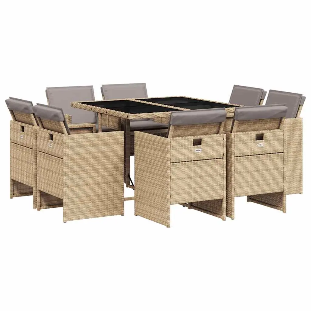 9 Piece Garden Dining Set with Cushions Mix Beige Poly Rattan 3210660 - Furniture