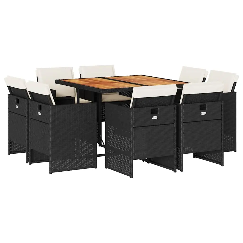9 Piece Garden Dining Set with Cushions Black Poly Rattan 3210663 - Furniture