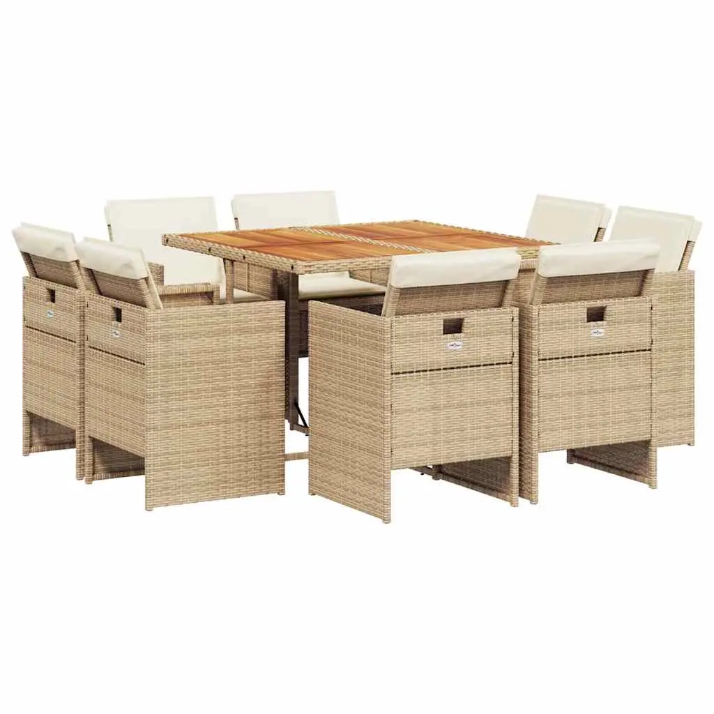 9 Piece Garden Dining Set with Cushions Beige Poly Rattan 3210664 - Furniture