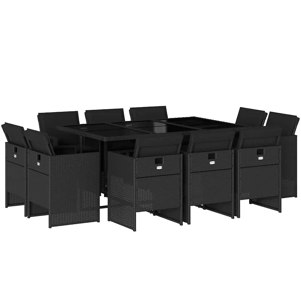 11 Piece Garden Dining Set with Cushions Black Poly Rattan 3210667 - Furniture