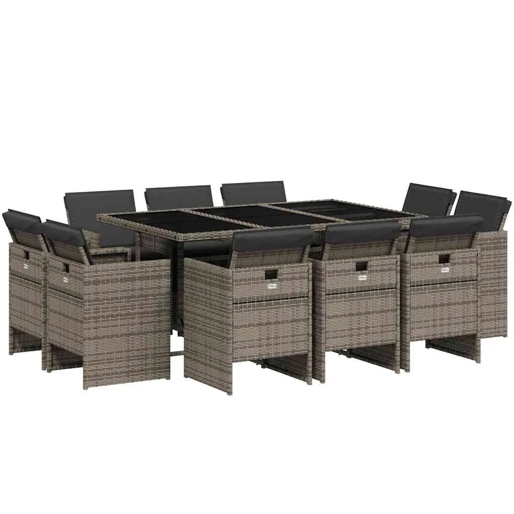 11 Piece Garden Dining Set with Cushions Grey Poly Rattan 3210668 - Furniture
