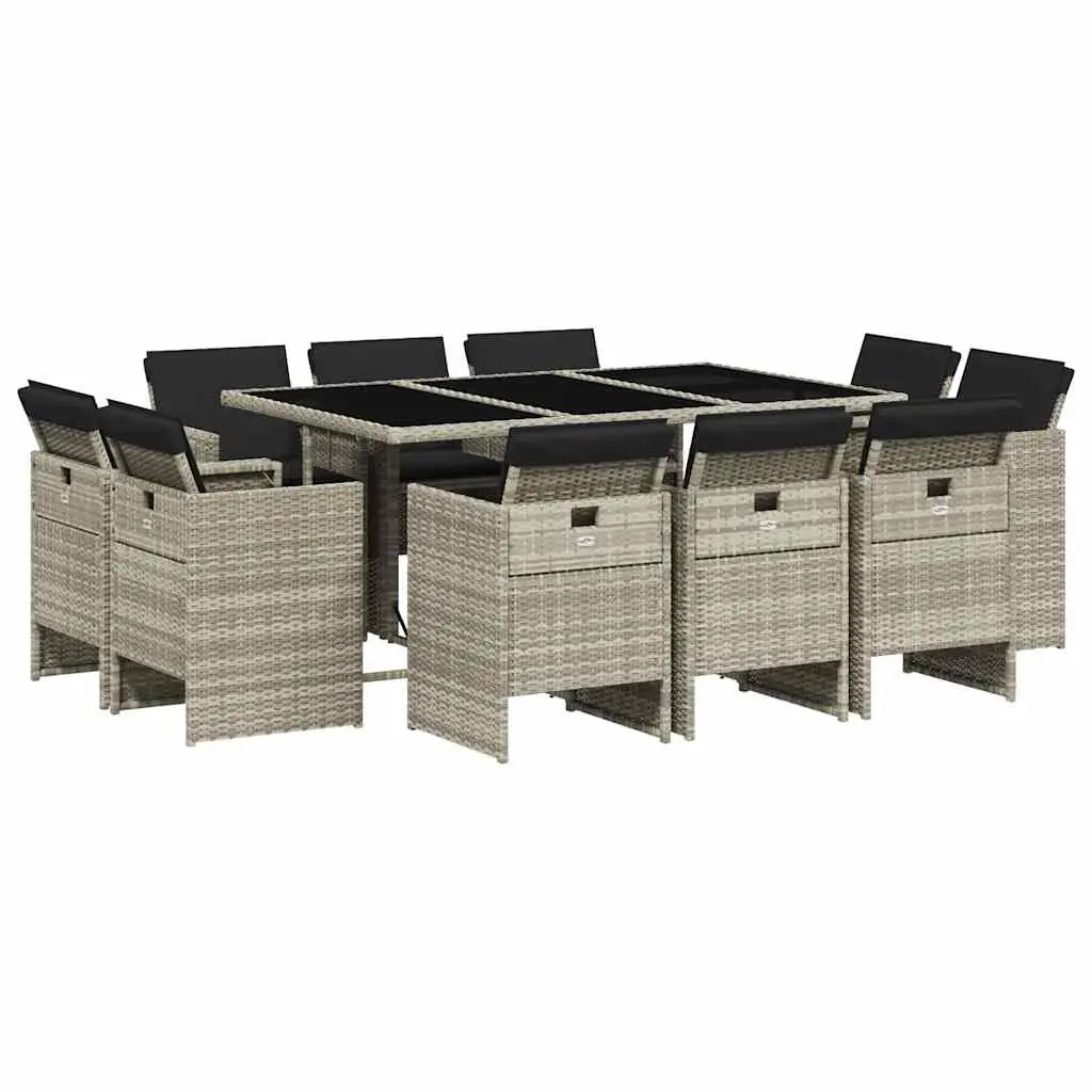 11 Piece Garden Dining Set with Cushions Light Grey Poly Rattan 3210671 - Furniture
