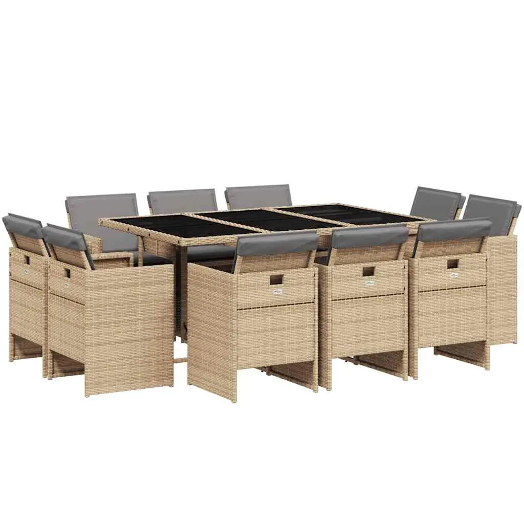 11 Piece Garden Dining Set with Cushions Mix Beige Poly Rattan 3210672 - Furniture
