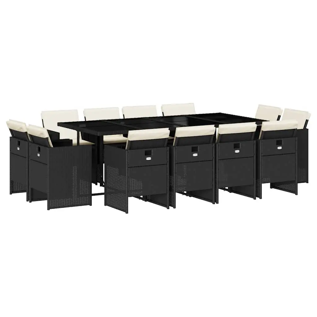 13 Piece Garden Dining Set with Cushions Black Poly Rattan 3210678 - Furniture