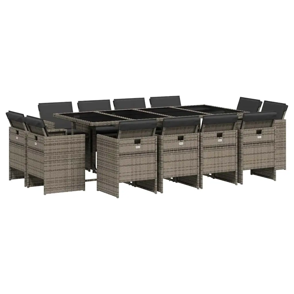 13 Piece Garden Dining Set with Cushions Grey Poly Rattan 3210680 - Furniture