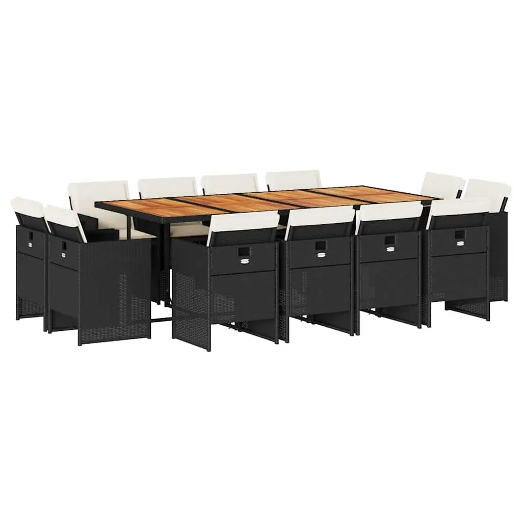 13 Piece Garden Dining Set with Cushions Black Poly Rattan 3210687 - Furniture
