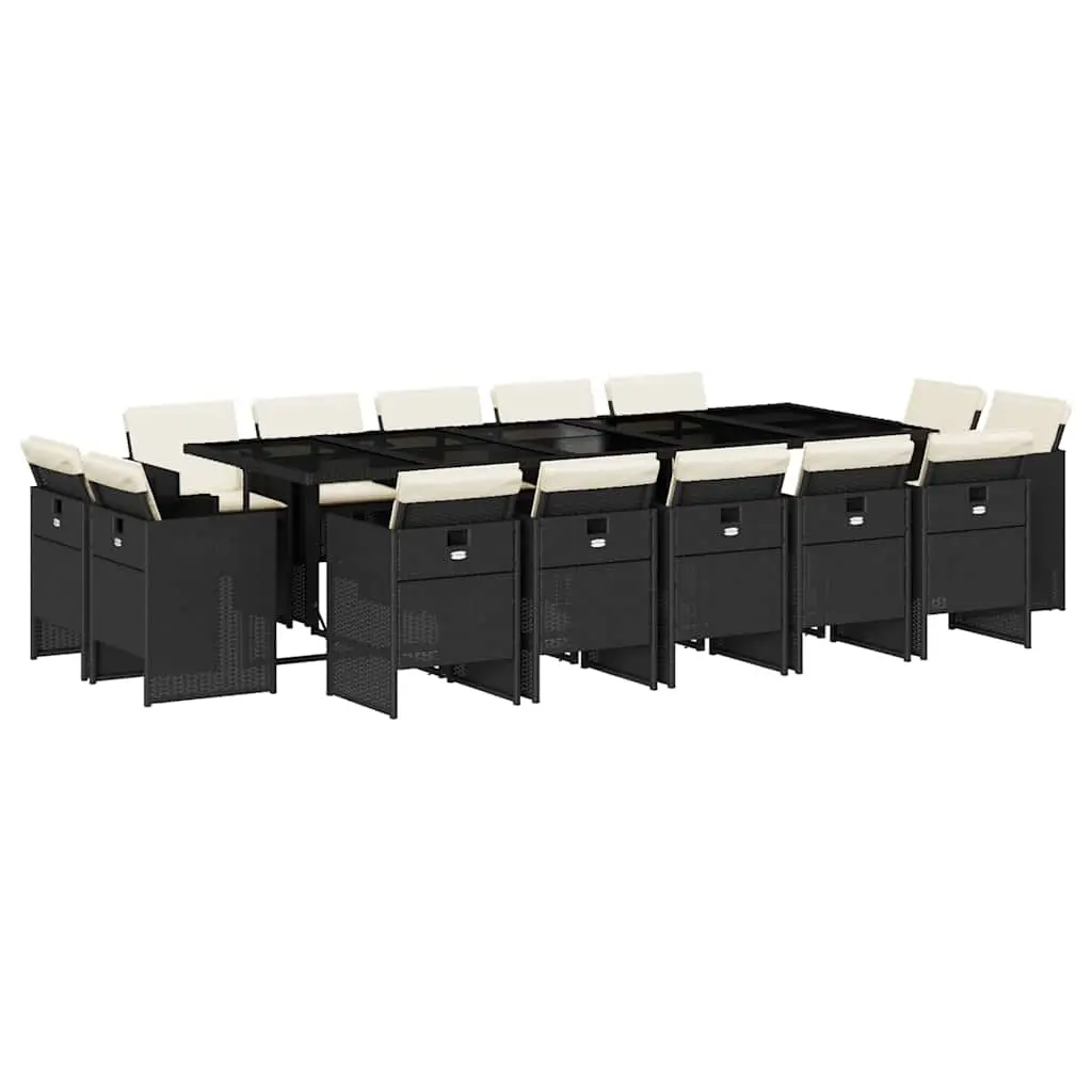 15 Piece Garden Dining Set with Cushions Black Poly Rattan 3210690 - Furniture