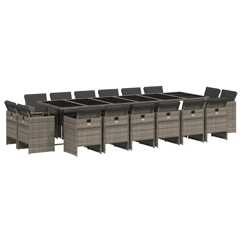 17 Piece Garden Dining Set with Cushions Grey Poly Rattan 3210704 - Furniture
