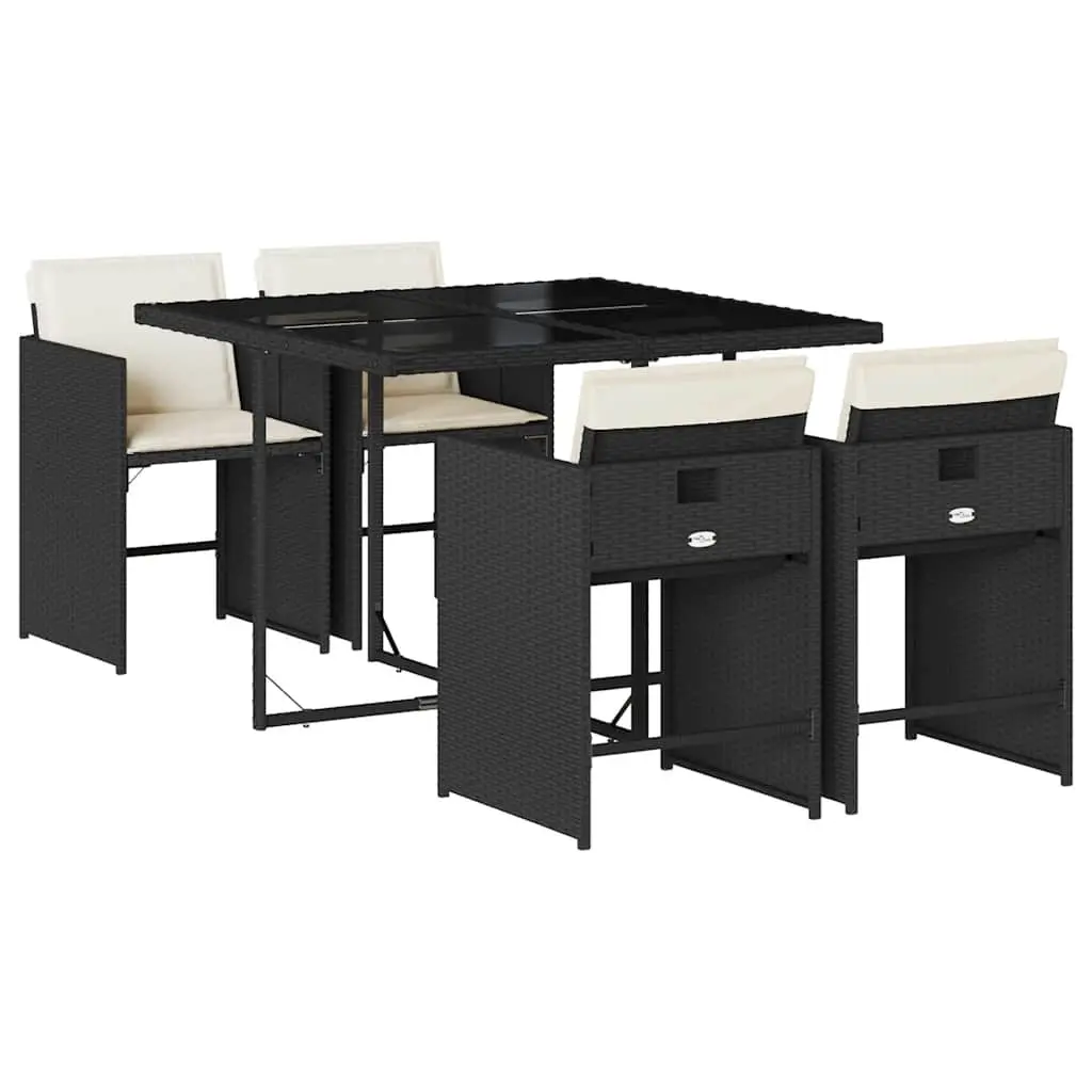 5 Piece Garden Dining Set with Cushions Black Poly Rattan 3211074 - Furniture