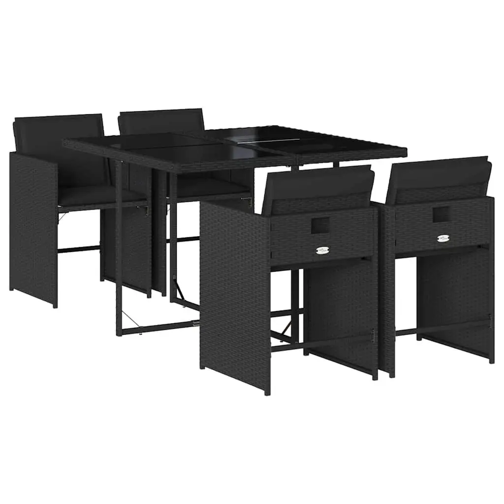 5 Piece Garden Dining Set with Cushions Black Poly Rattan 3211075 - Furniture
