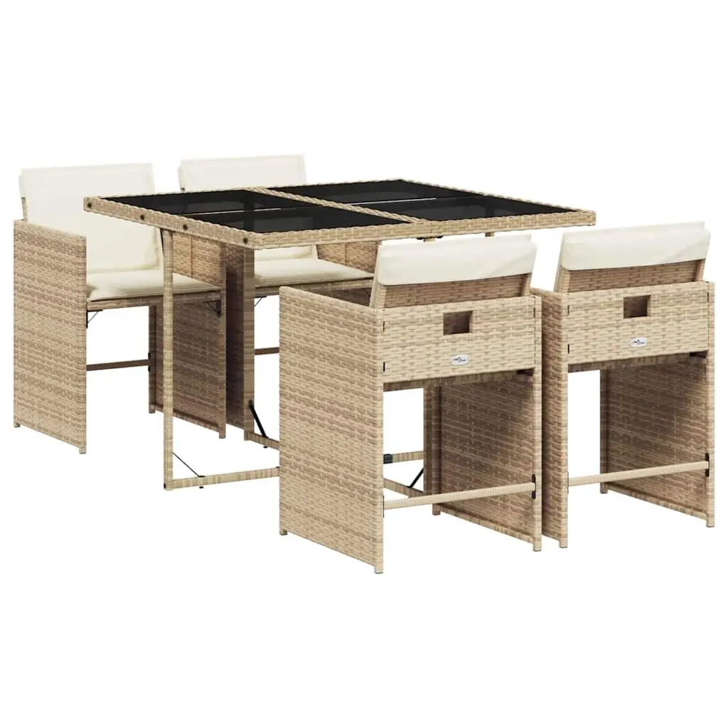 5 Piece Garden Dining Set with Cushions Beige Poly Rattan 3211078 - Furniture