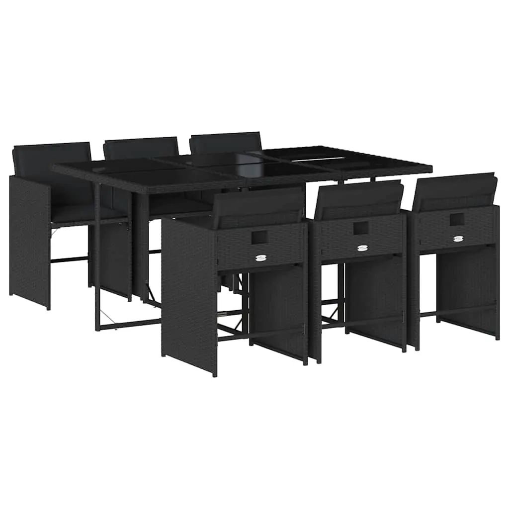7 Piece Garden Dining Set with Cushions Black Poly Rattan 3211087 - Furniture