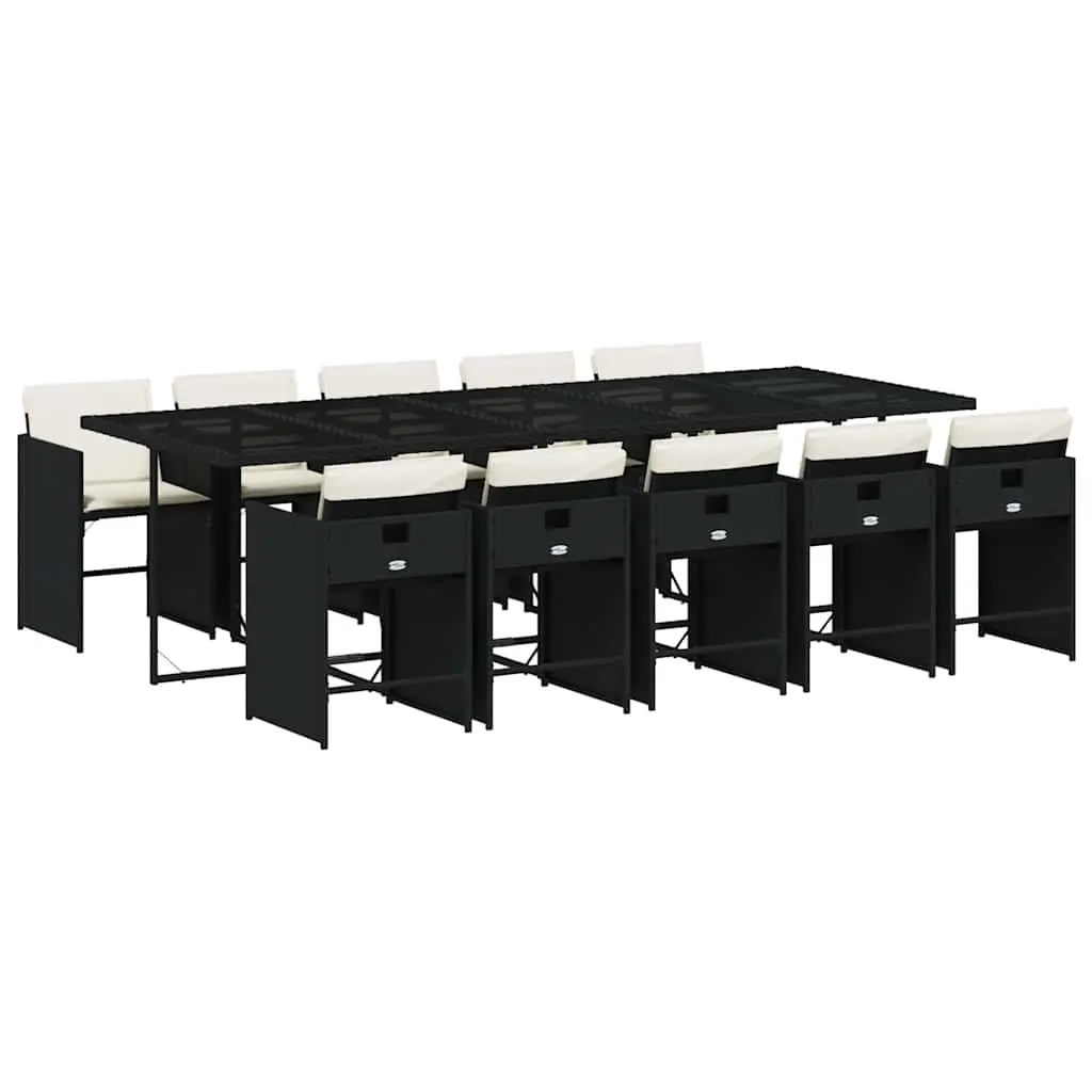 11 Piece Garden Dining Set with Cushions Black Poly Rattan 3211110 - Furniture