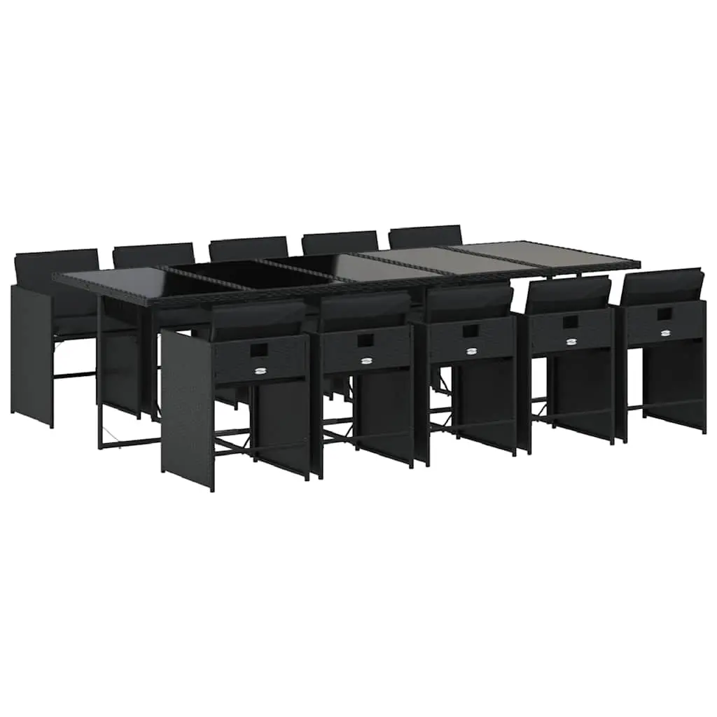 11 Piece Garden Dining Set with Cushions Black Poly Rattan 3211111 - Furniture