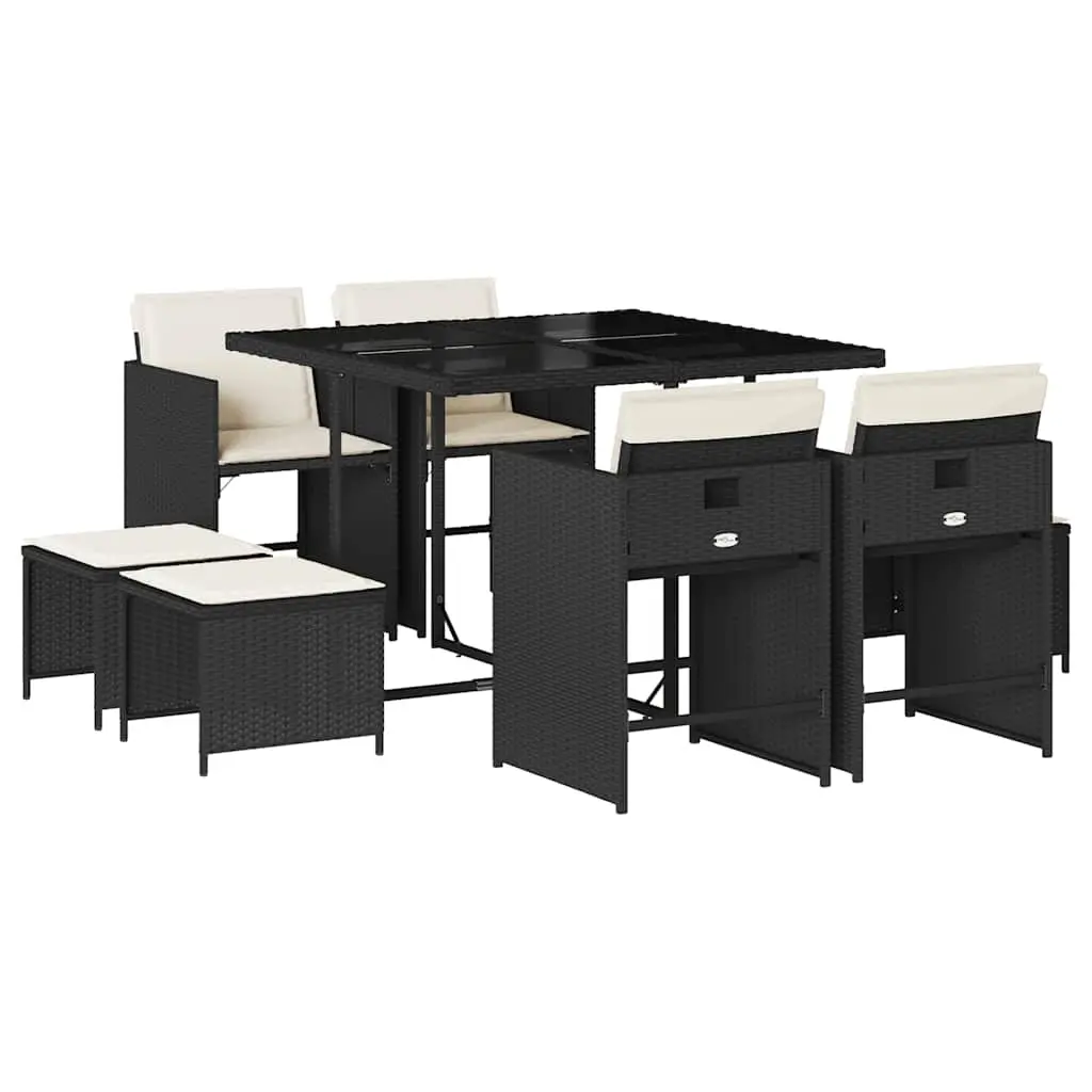 9 Piece Garden Dining Set with Cushions Black Poly Rattan 3211134 - Furniture