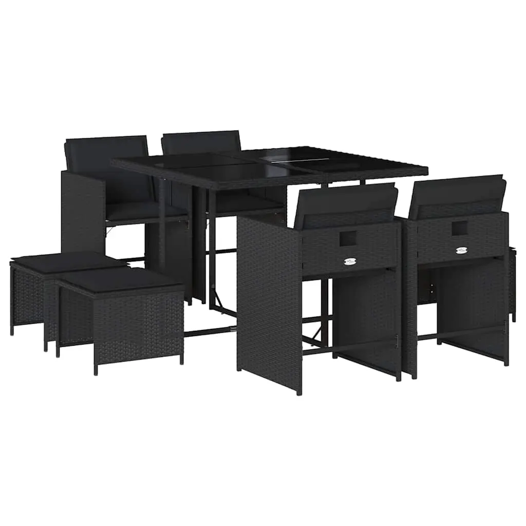 9 Piece Garden Dining Set with Cushions Black Poly Rattan 3211135 - Furniture