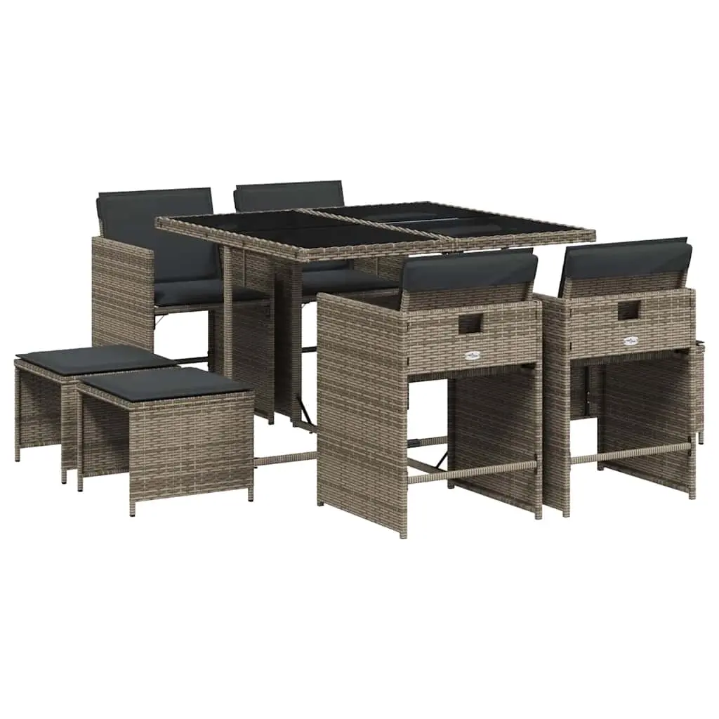 9 Piece Garden Dining Set with Cushions Grey Poly Rattan 3211136 - Furniture