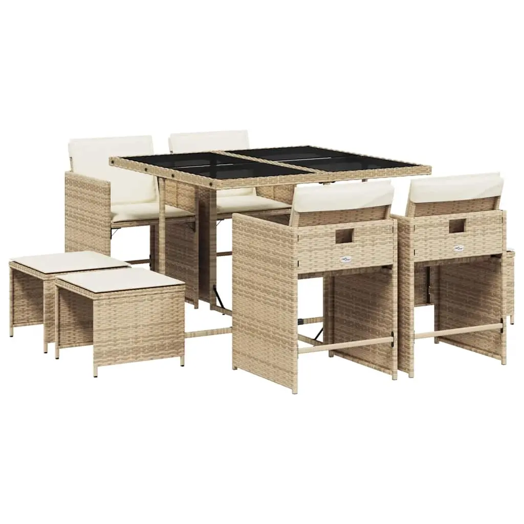 9 Piece Garden Dining Set with Cushions Beige Poly Rattan 3211138 - Furniture