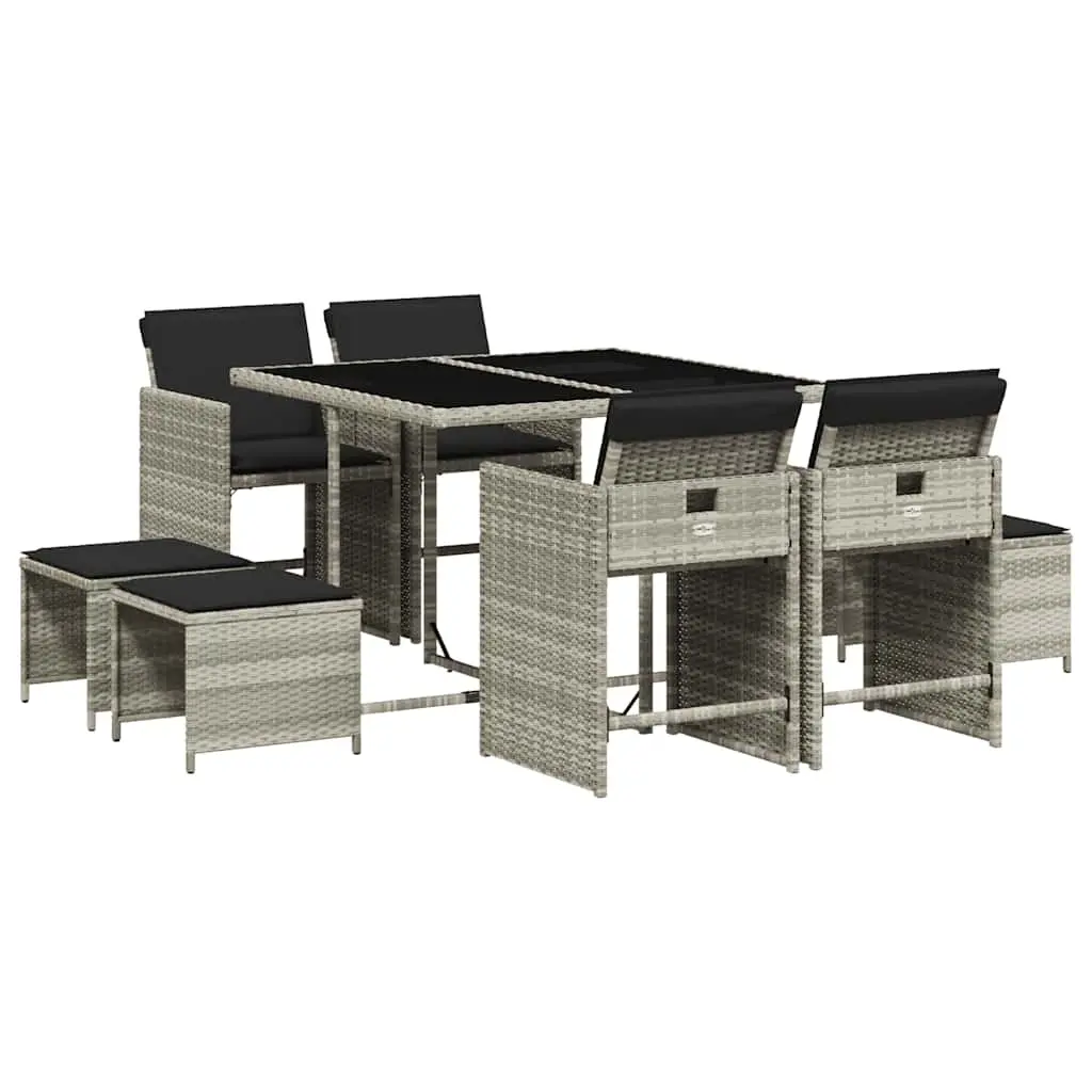 9 Piece Garden Dining Set with Cushions Light Grey Poly Rattan 3211139 - Furniture