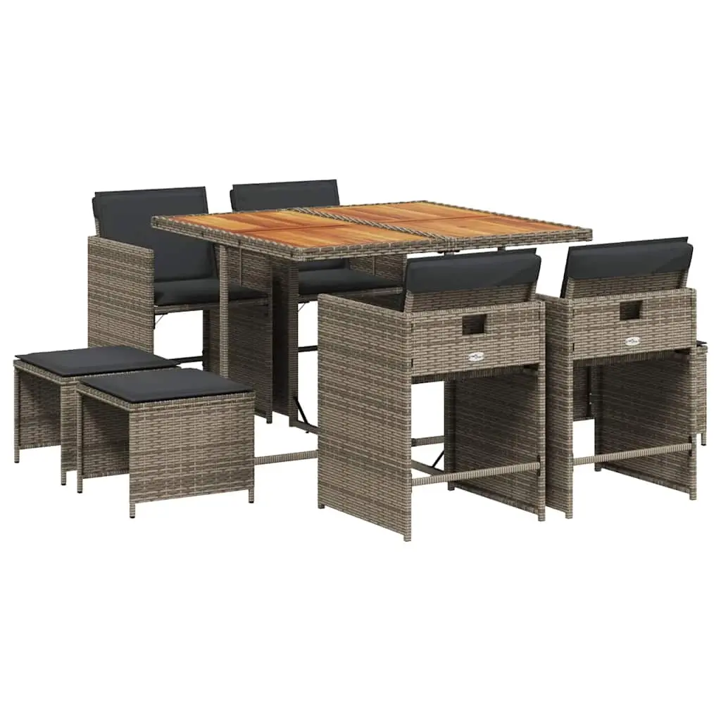 9 Piece Garden Dining Set with Cushions Grey Poly Rattan 3211142 - Furniture