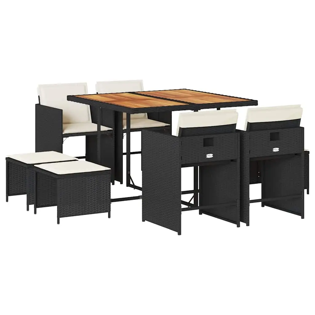9 Piece Garden Dining Set with Cushions Black Poly Rattan 3211143 - Furniture