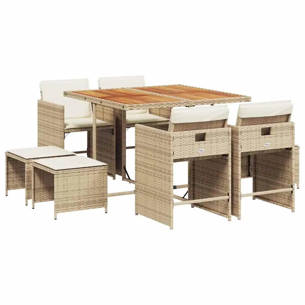 9 Piece Garden Dining Set with Cushions Beige Poly Rattan 3211144 - Furniture