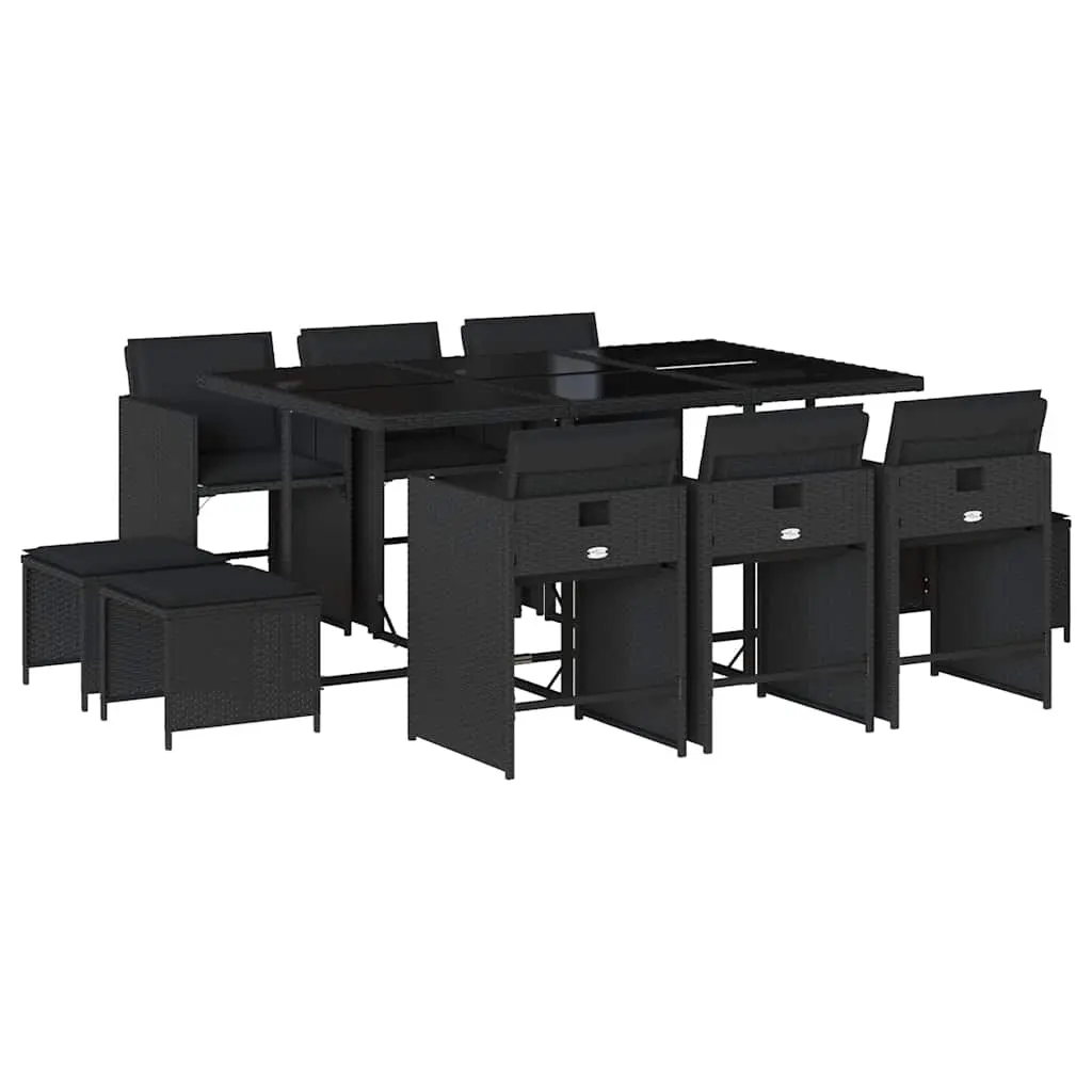 11 Piece Garden Dining Set with Cushions Black Poly Rattan 3211147 - Furniture