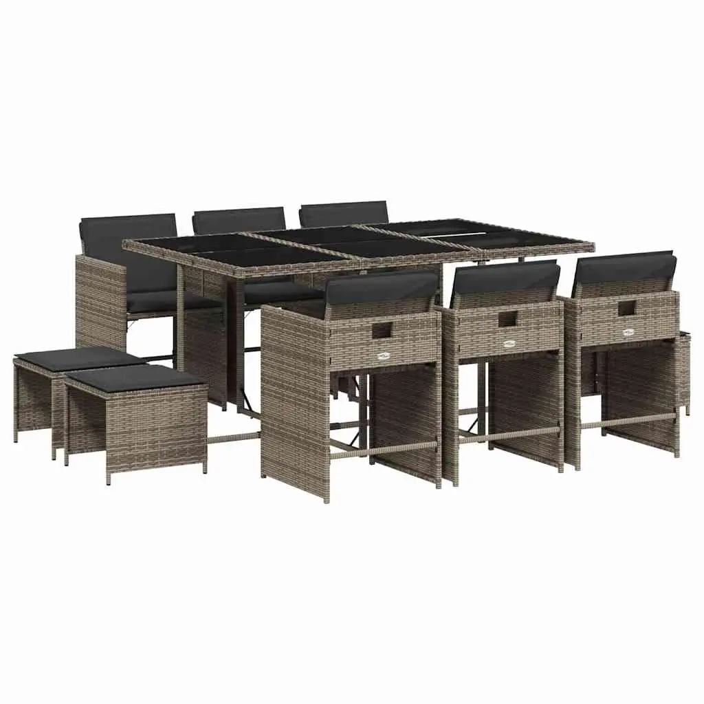 11 Piece Garden Dining Set with Cushions Grey Poly Rattan 3211148 - Furniture