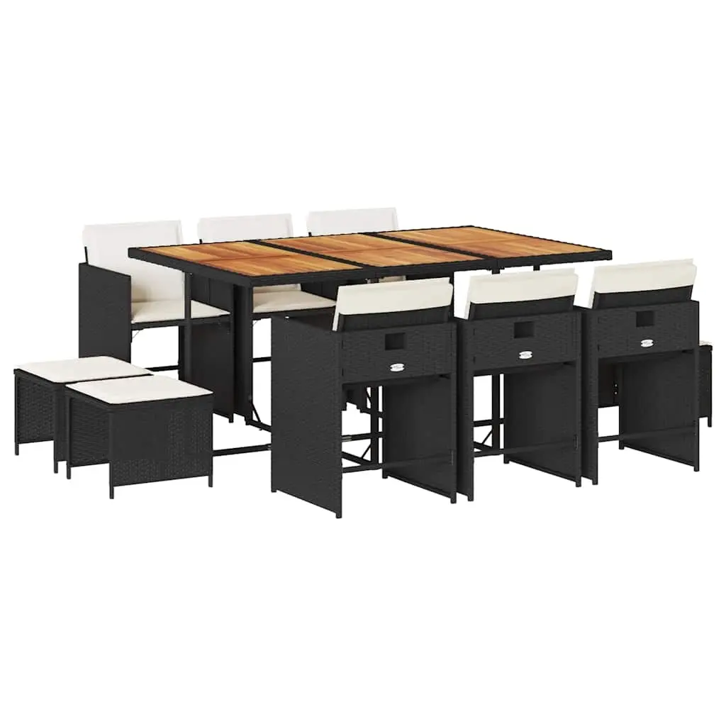 11 Piece Garden Dining Set with Cushions Black Poly Rattan 3211155 - Furniture