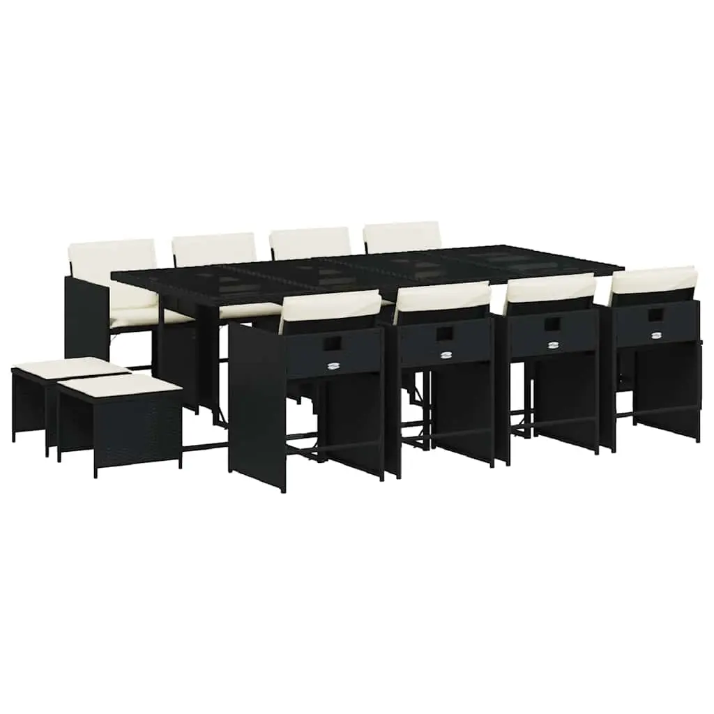 13 Piece Garden Dining Set with Cushions Black Poly Rattan 3211158 - Furniture