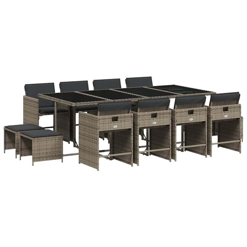 13 Piece Garden Dining Set with Cushions Grey Poly Rattan 3211160 - Furniture