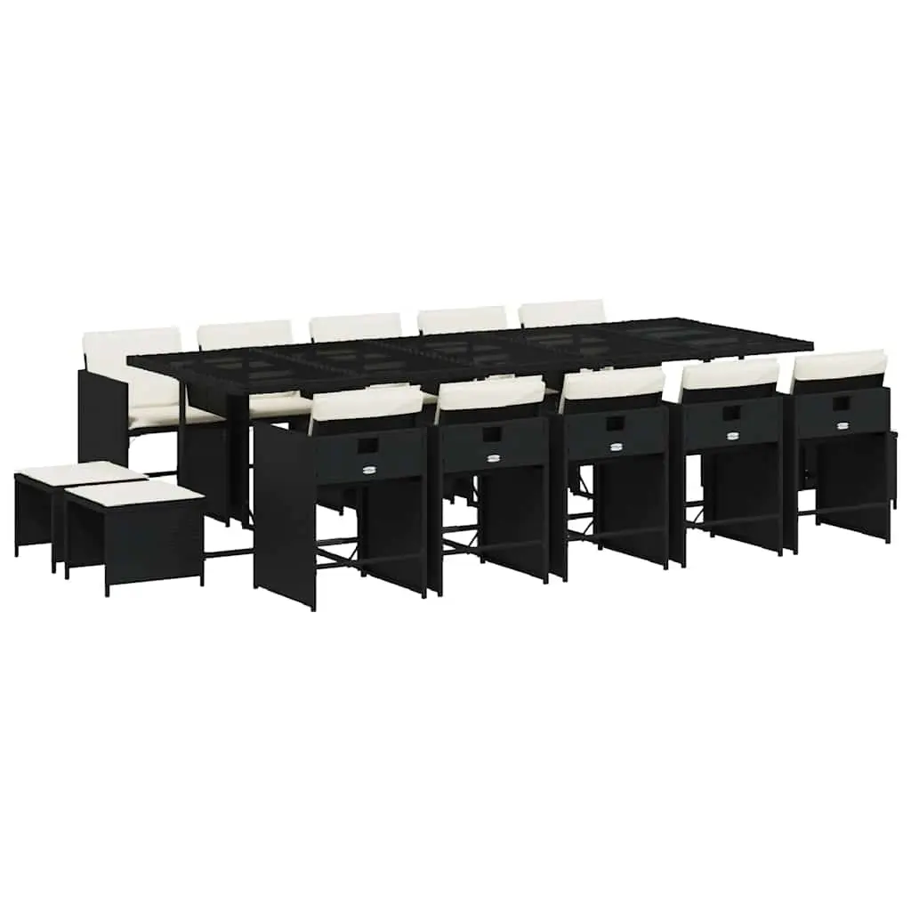 15 Piece Garden Dining Set with Cushions Black Poly Rattan 3211170 - Furniture