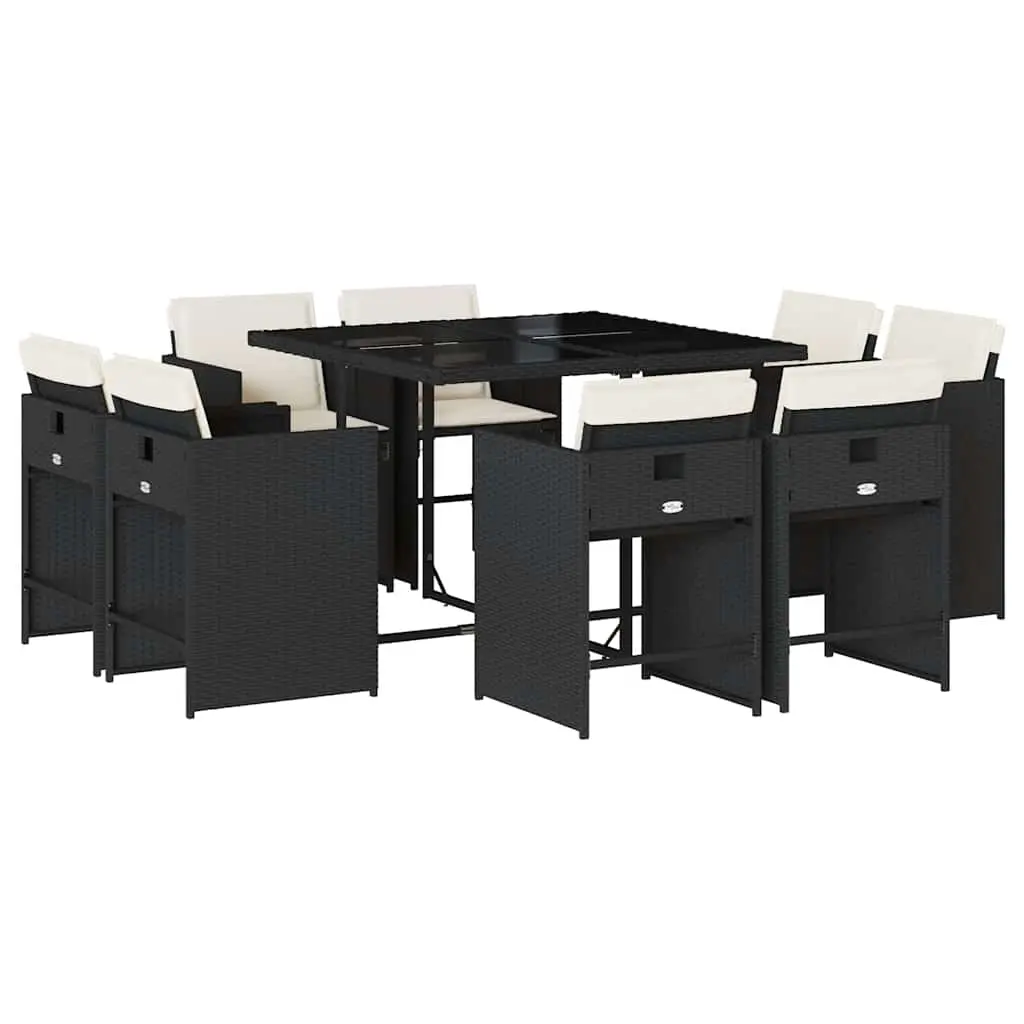 9 Piece Garden Dining Set with Cushions Black Poly Rattan 3211194 - Furniture