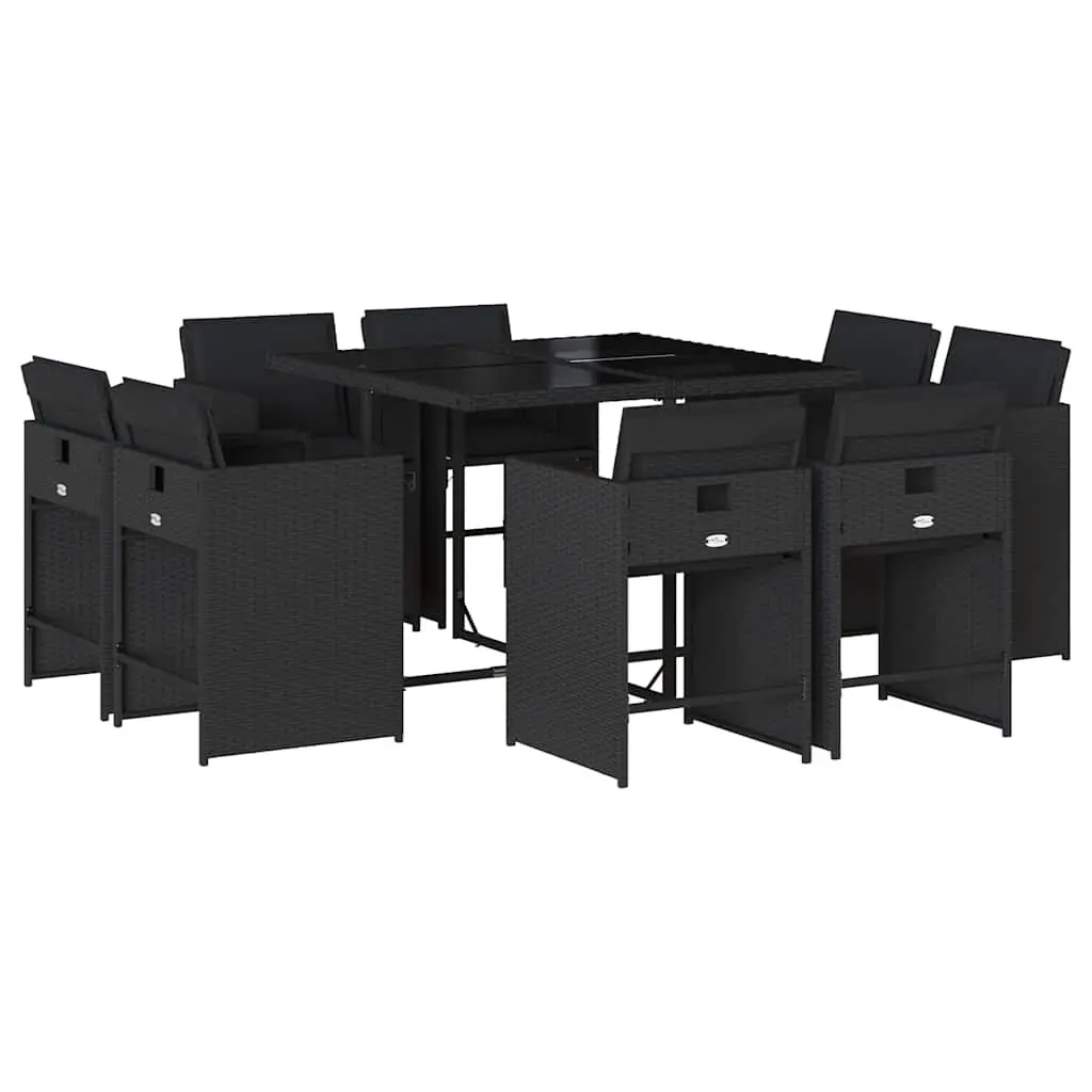 9 Piece Garden Dining Set with Cushions Black Poly Rattan 3211195 - Furniture