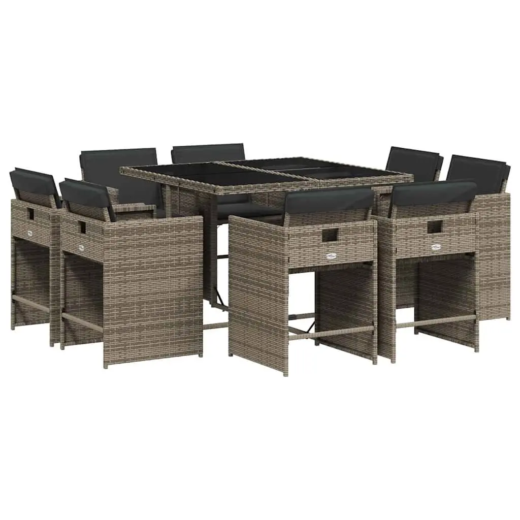 9 Piece Garden Dining Set with Cushions Grey Poly Rattan 3211196 - Furniture