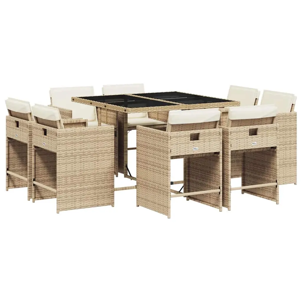 9 Piece Garden Dining Set with Cushions Beige Poly Rattan 3211198 - Furniture