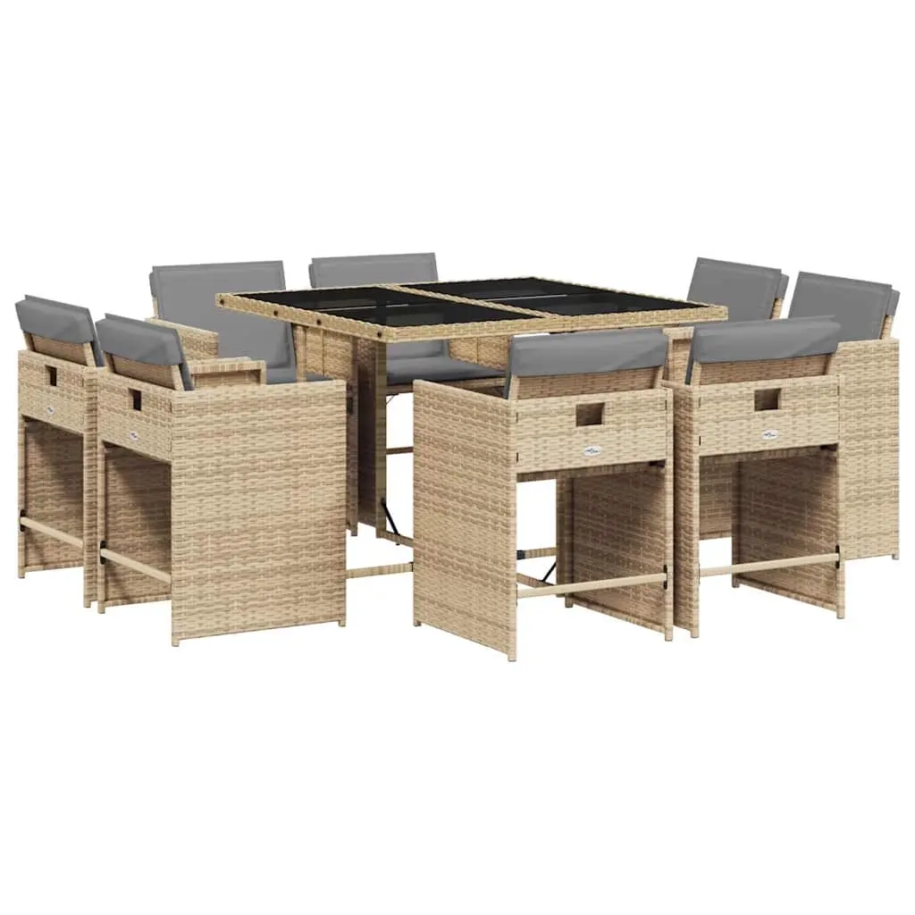 9 Piece Garden Dining Set with Cushions Mix Beige Poly Rattan 3211200 - Furniture
