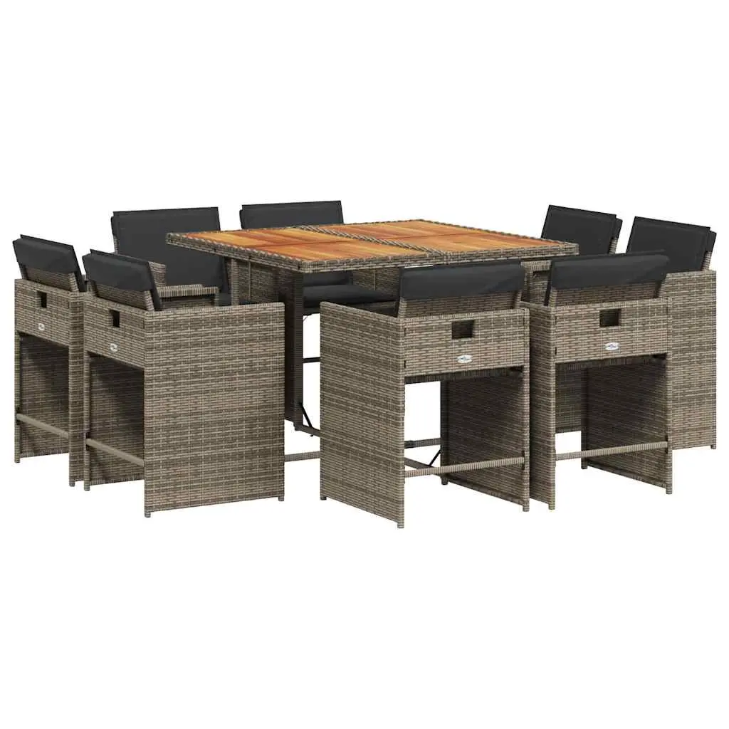 9 Piece Garden Dining Set with Cushions Grey Poly Rattan 3211202 - Furniture
