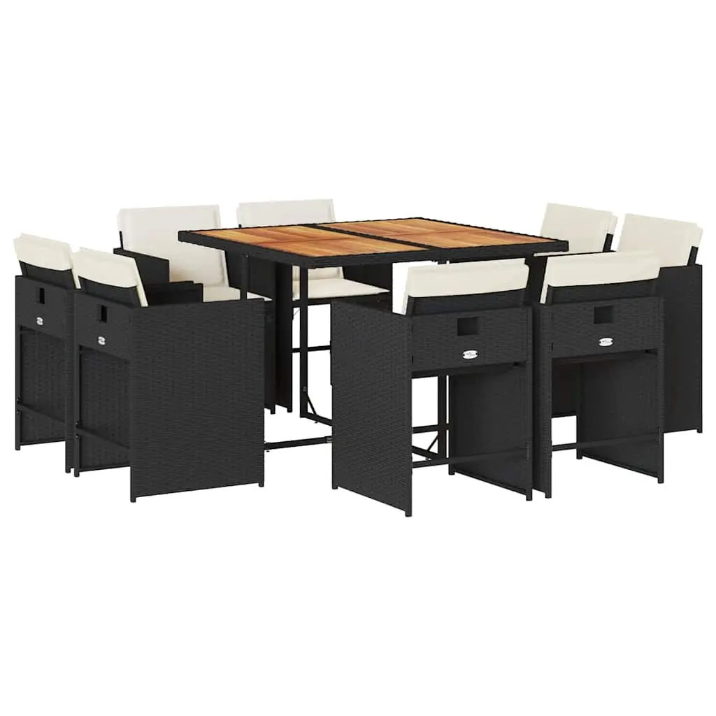 9 Piece Garden Dining Set with Cushions Black Poly Rattan 3211203 - Furniture