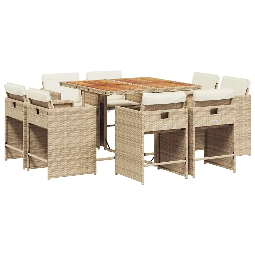 9 Piece Garden Dining Set with Cushions Beige Poly Rattan 3211204 - Furniture