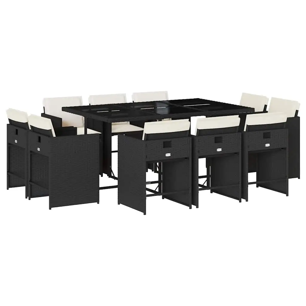 11 Piece Garden Dining Set with Cushions Black Poly Rattan 3211206 - Furniture