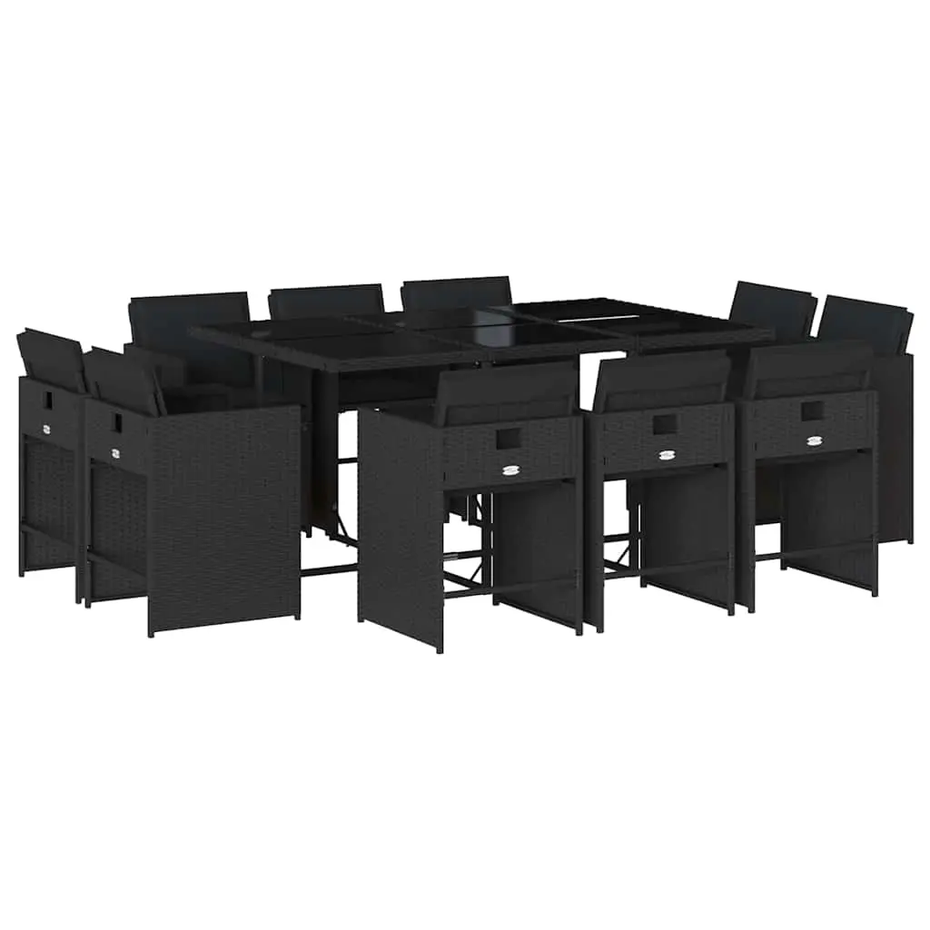 11 Piece Garden Dining Set with Cushions Black Poly Rattan 3211207 - Furniture