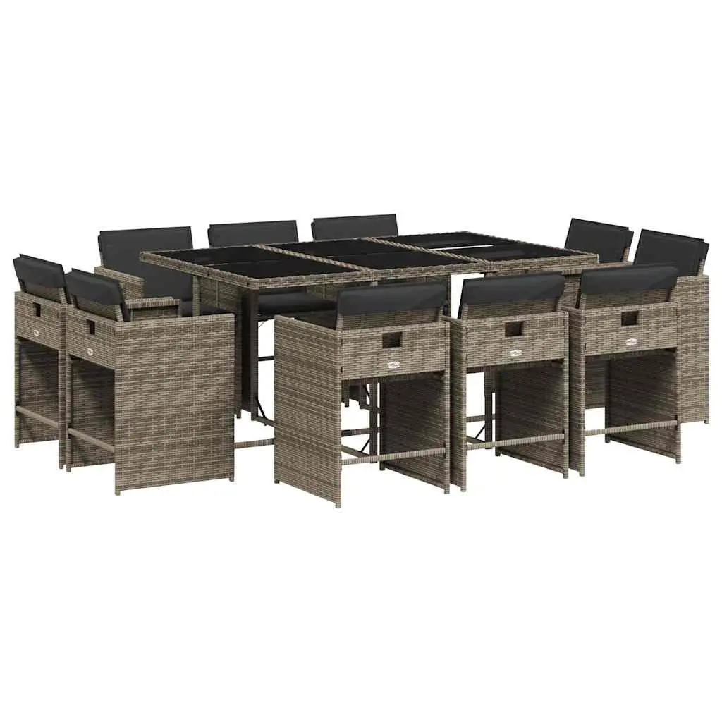 11 Piece Garden Dining Set with Cushions Grey Poly Rattan 3211208 - Furniture