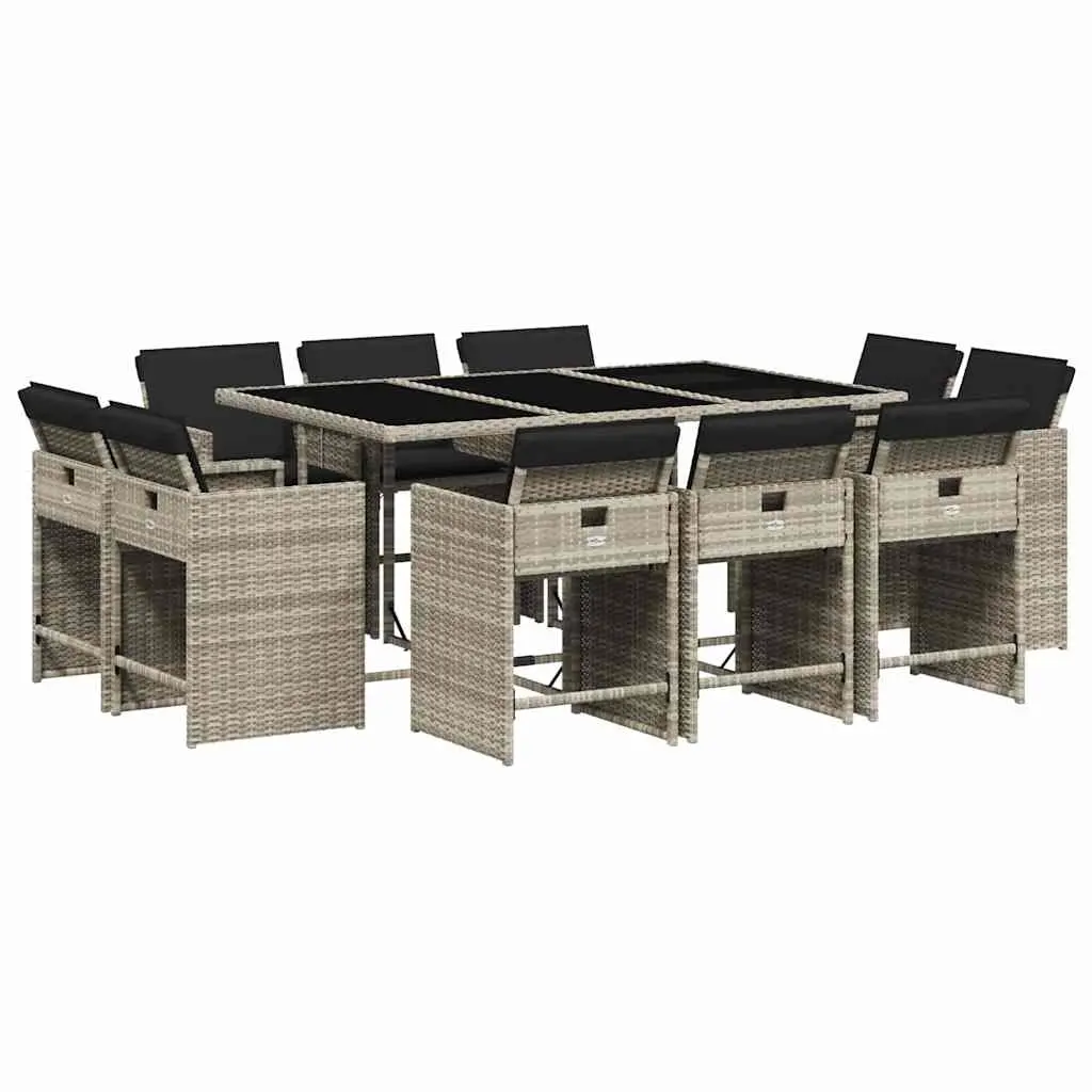 11 Piece Garden Dining Set with Cushions Light Grey Poly Rattan 3211211 - Furniture