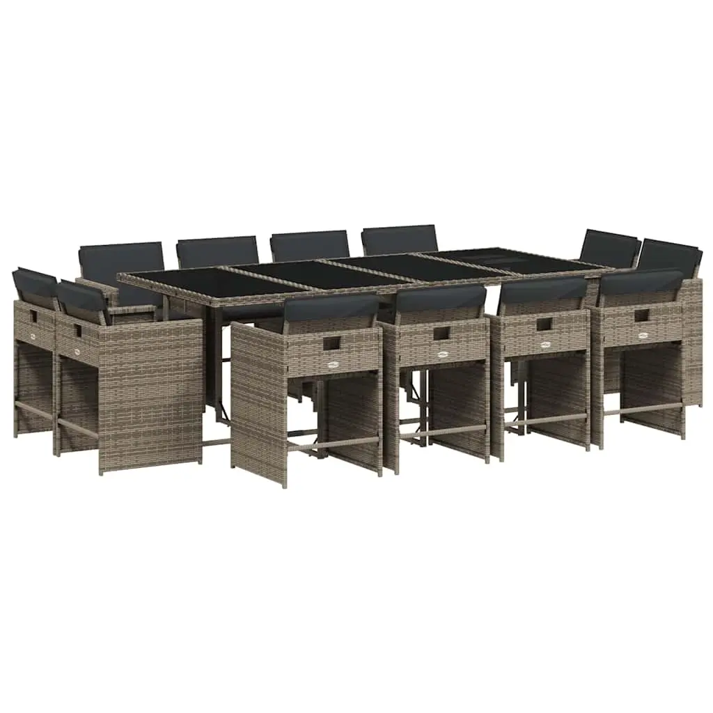 13 Piece Garden Dining Set with Cushions Grey Poly Rattan 3211220 - Furniture