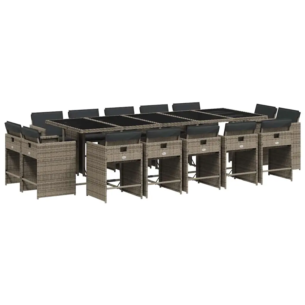 15 Piece Garden Dining Set with Cushions Grey Poly Rattan 3211232 - Furniture