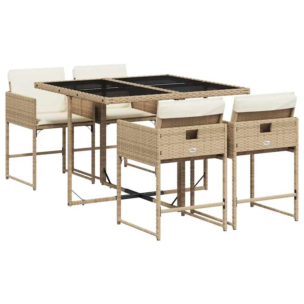 5 Piece Garden Dining Set with Cushions Beige Poly Rattan 3211258 - Furniture