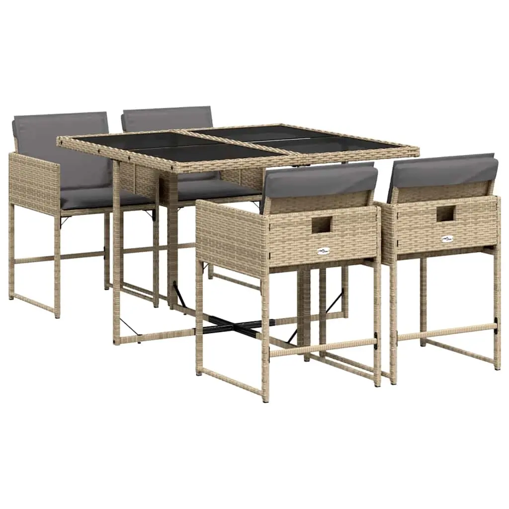 5 Piece Garden Dining Set with Cushions Mix Beige Poly Rattan 3211260 - Furniture