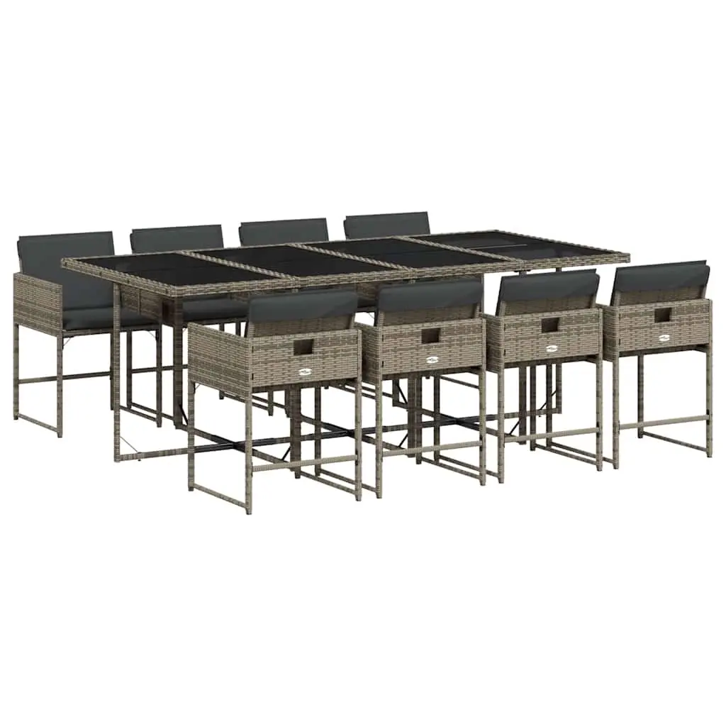 9 Piece Garden Dining Set with Cushions Grey Poly Rattan 3211280 - Furniture